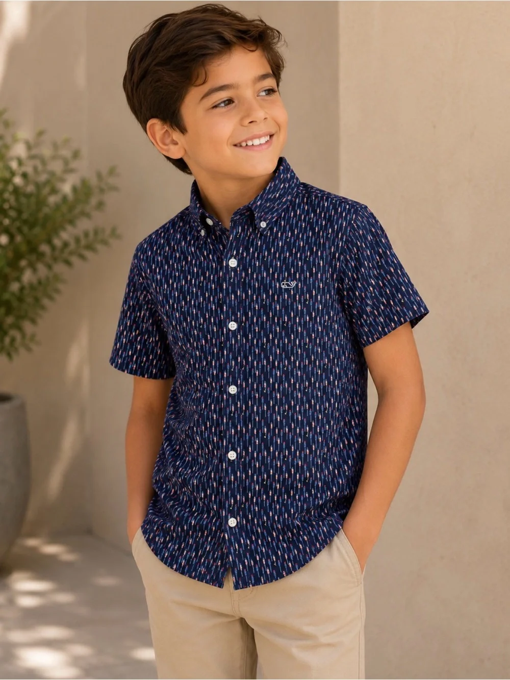 Vineyard Vines Navy Short-Sleeve Button-Down with Microprint, size 8-10